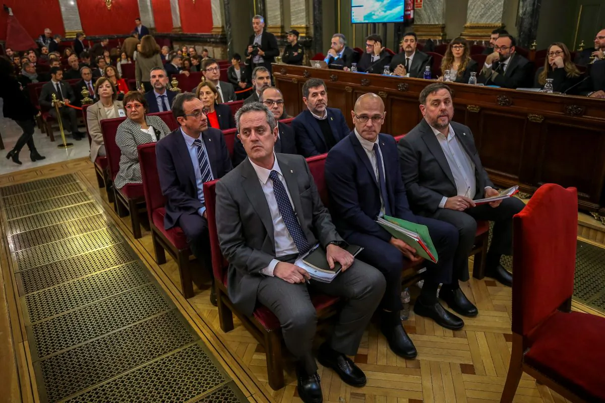 Former Catalan leaders attend their trial at the Supreme Court in Madrid, Spain, on Feb. 12, 2019. (Emilio Naranjo-Pool/Getty Images)