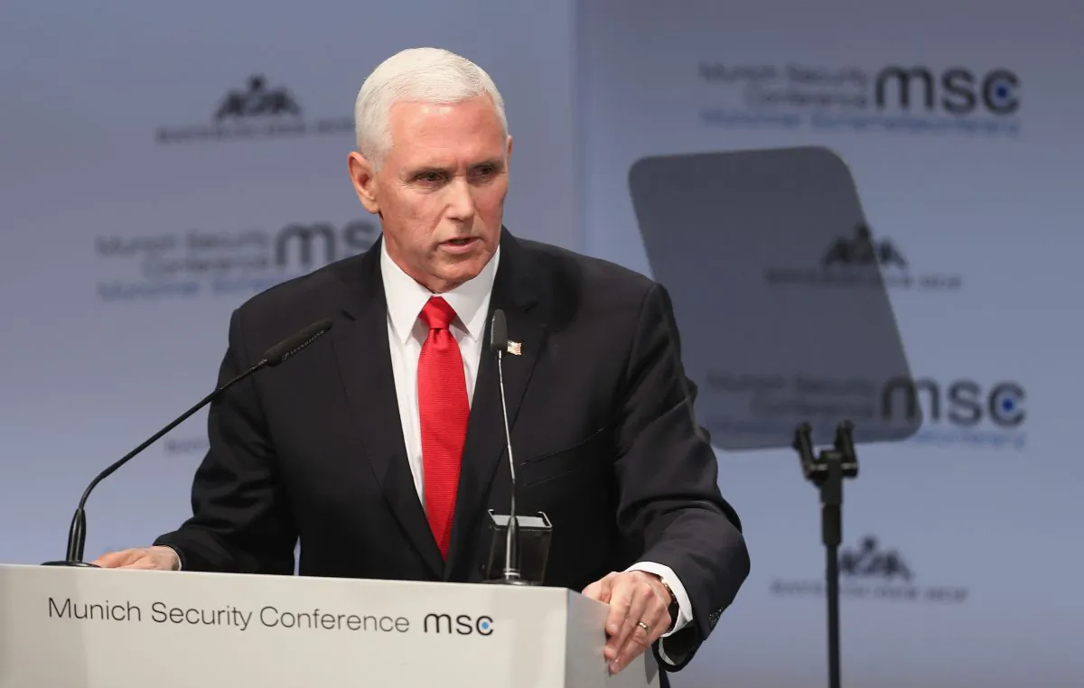 Vice President Michael Pence gives a speech during the 55th Munich Security Conference in Munich, Germany, on Feb. 16, 2019. (Alexandra Beier/Getty Images)