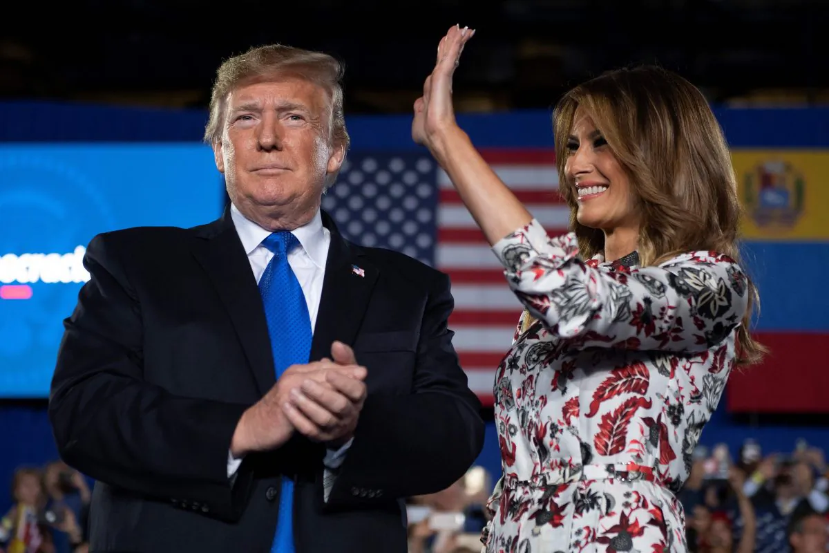 President Donald Trump and First Lady Melania Trump deliver remarks to the Venezuelan-American community in Miami, on Feb. 18, 2019. (Jim Watson/AFP/Getty Images)