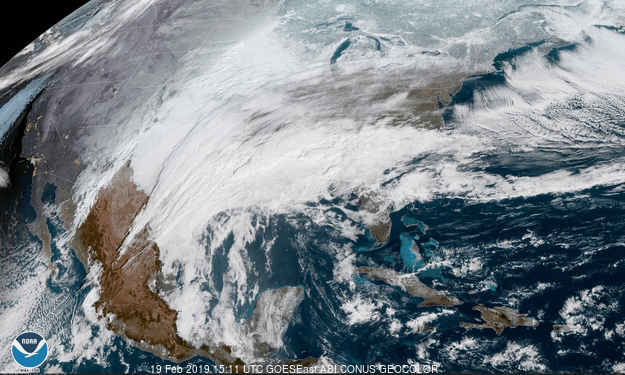 A NOAA satellite image of the United States taken Feb. 19, 2019. Winter storm Petra will move across the American Midwest towards the northeast. (NOAA)