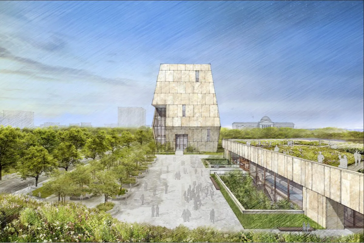 This illustration released on May 3, 2017, by the Obama Foundation shows plans for the proposed Obama Presidential Center with a museum, rear, in Jackson Park on Chicago's South Side. (Obama Foundation via AP, File)