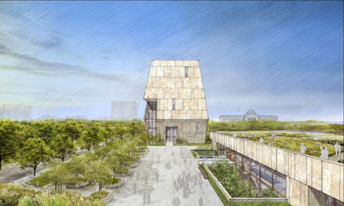 This illustration released on May 3, 2017, by the Obama Foundation shows plans for the proposed Obama Presidential Center with a museum, rear, in Jackson Park on Chicago's South Side. (Obama Foundation via AP, File)