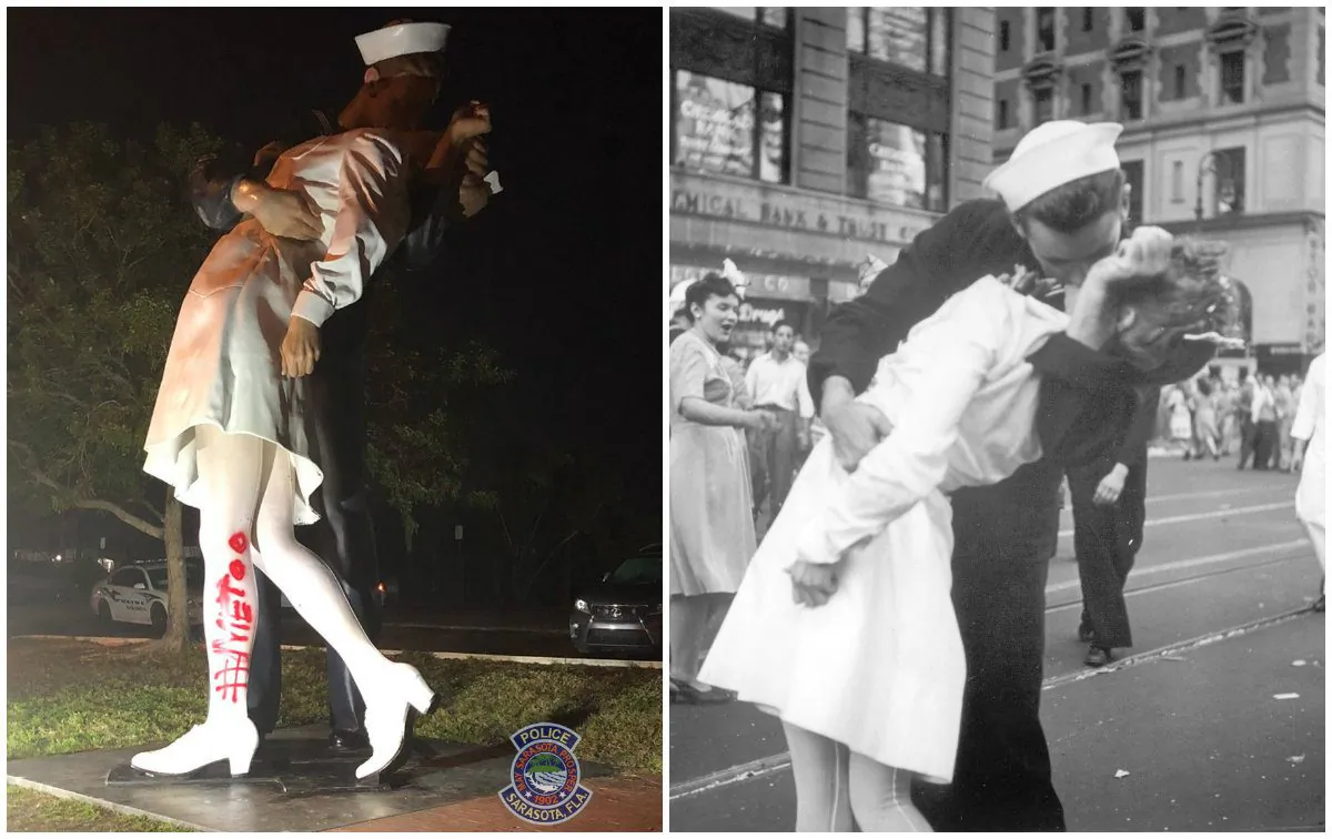 A statue based on an iconic photo was vandalized with the text "#MeToo" on Feb. 19, 2019. (Sarasota Police and Victor Jorgensen/U.S. Navy, File)