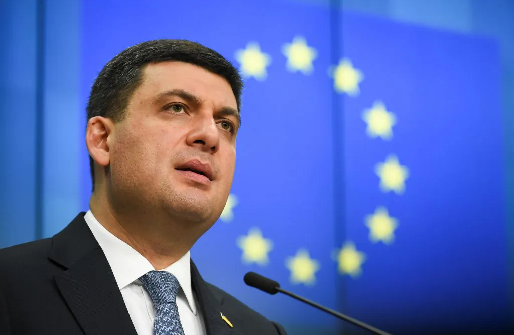 Prime Minister of Ukraine Volodymyr Groysman (L) gives a press conference at the EU headquarters in Brussels on Dec. 17, 2018. (John Thys/AFP/Getty Images)