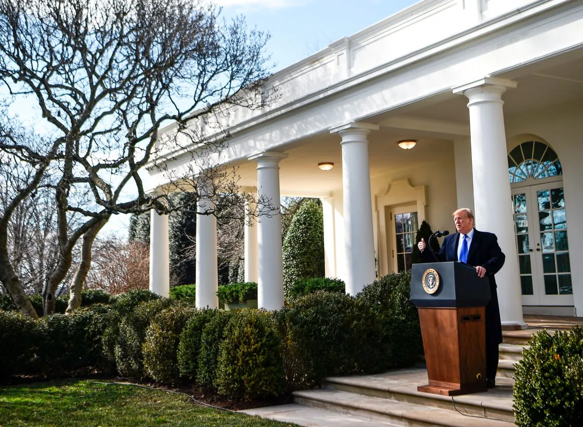 President Donald Trump announces that he will declare a national emergency in order to build a barrier on the U.S.–Mexico border as he delivers remarks at the White House on Feb. 15, 2019. (BRENDAN SMIALOWSKI/AFP/Getty Images)