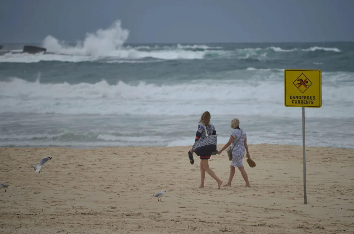 A warning sign for dangerous sea currents at Bondi Beach in Sydney, Australia, on March 8, 2017. (Peter Parks/AFP/Getty Images)
