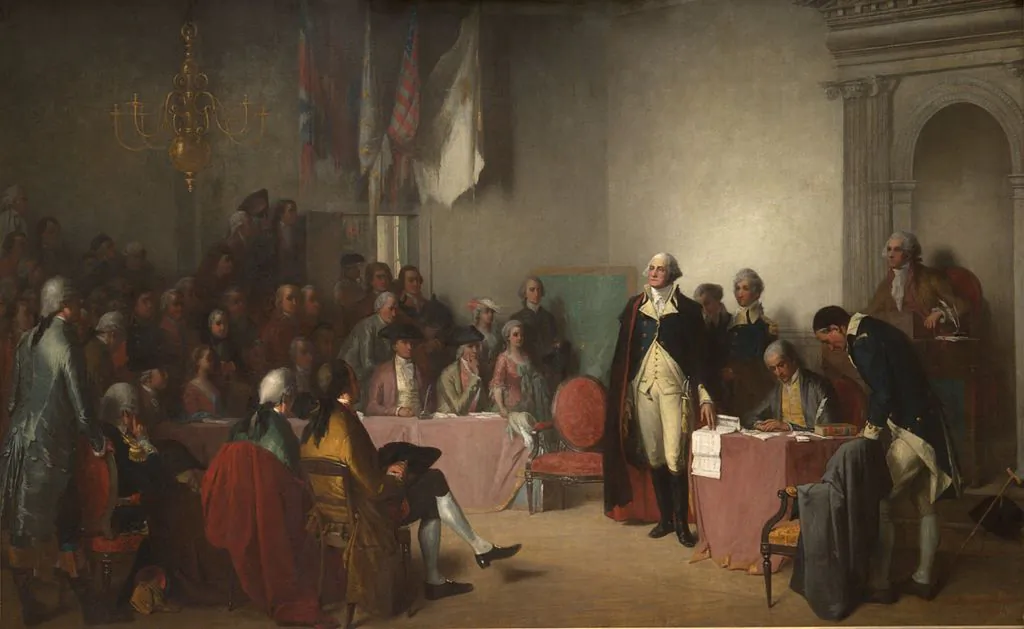 Washington Resigning His Commission. General George Washington resigned his commission as commander-in-chief of the Continental Army in the Old Senate Chamber of the Maryland State House on Dec. 23, 1783. Edwin White/Public domain
