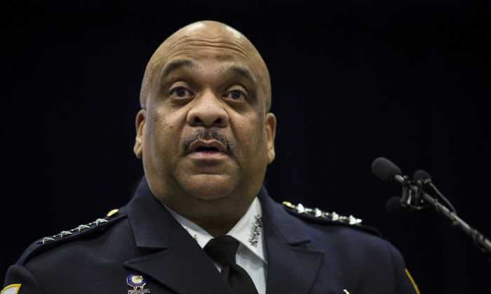 Chicago Police Supt. Eddie Johnson speaks during a press conference at CPD headquarters in Chicago, Illinois on Feb. 21, 2019. (Ashlee Rezin/Chicago Sun-Times via AP)