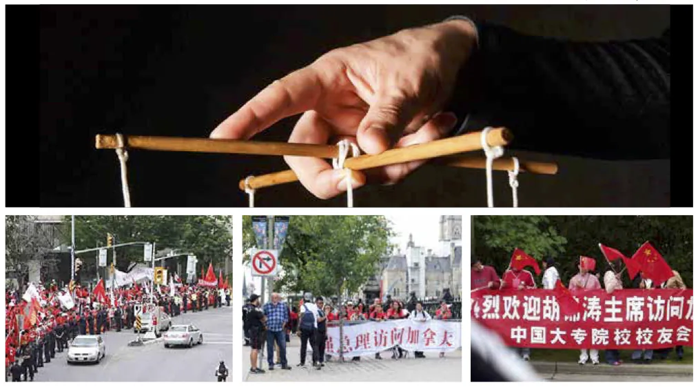 (L) Chinese students wait to welcome then-Chinese leader Hu Jintao to Ottawa on June 23, 2010. (C) Chinese students hold banners and ags to welcome Chinese Premier Li Keqiang to Ottawa on Sept. 21, 2016. (R) A crowd waving Chinese ags awaits the arrival of Hu Jintao in Vancouver on Sept. 17, 2005. (cliplab.pro/Shutterstock; Becky Zhou/The Epoch Times)