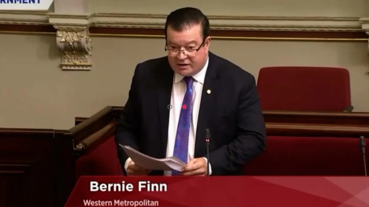 Bernie Finn, State MP for Western Metropolitan Region of Melbourne, addresses the Victorian Parliament on Feb. 21, 2018. (Parliament of Victoria)