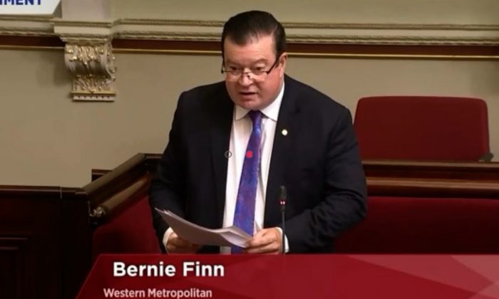 Bernie Finn, State MP for Western Metropolitan Region of Melbourne, addresses the Victorian Parliament on Feb. 21, 2018. (Parliament of Victoria)