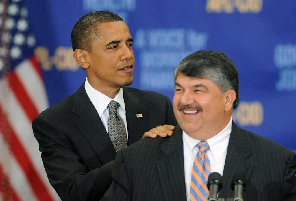 Former President Barack Obama is introduced by President of the American Federation of Labor and Congress of Industrial Organizations (AFL-CIO) Richard Trumka before he speaks on the economy to the AFL-CIO Executive Council Meeting in Washington on Aug. 4, 2010.   Michael Reynolds-Pool/Getty Images