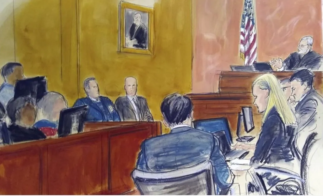 Judge Brian Cogan upper right, gives instructions to jurors in the trial of Joaquin "El Chapo" Guzman in New York. On  Feb. 20, 2019, El Chapo’s lawyers raised concerns of potential juror misconduct and said they were reviewing “all available options” after a juror at the notorious Mexican drug lord’s trial told a news website that several jurors looked at media coverage of the case against a judge’s orders. (Elizabeth Williams via AP)