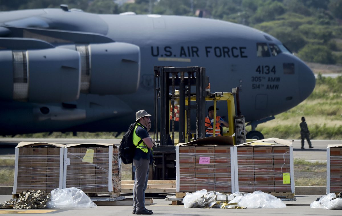 Food and medicine aid for Venezuela is unloaded from a US Air Force C-17 aircraft at Camilo Daza International Airport in Cucuta, Colombia in the border with Venezuela