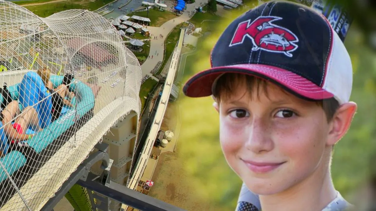 Left: Riders go down the water slide called "Verruckt." Right: Caleb Schwab, shown here in a June 2016 photo, was killed while riding the Verruckt water slide in Aug. 2016. (David Strickland—Charlie Riedel/AP)