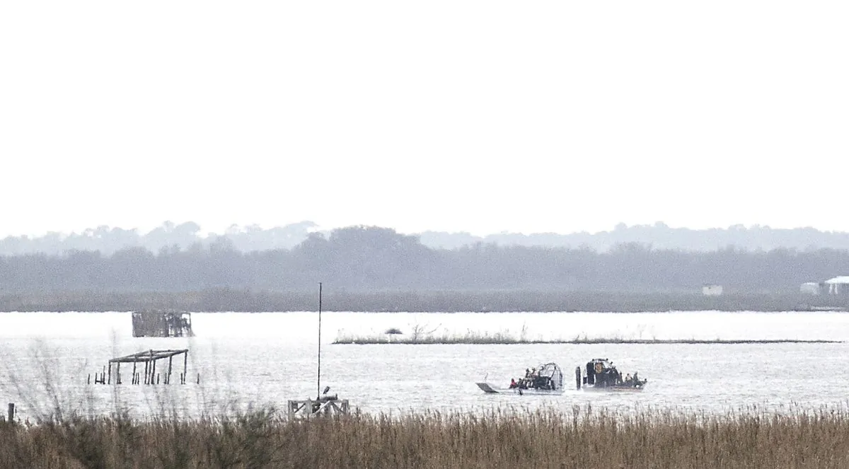 Emergency personnel work at the scene of a plane crash site in Trinity Bay in Anahuac, Texas on Feb. 23, 2019. (Brett Coomer/Houston Chronicle via AP)