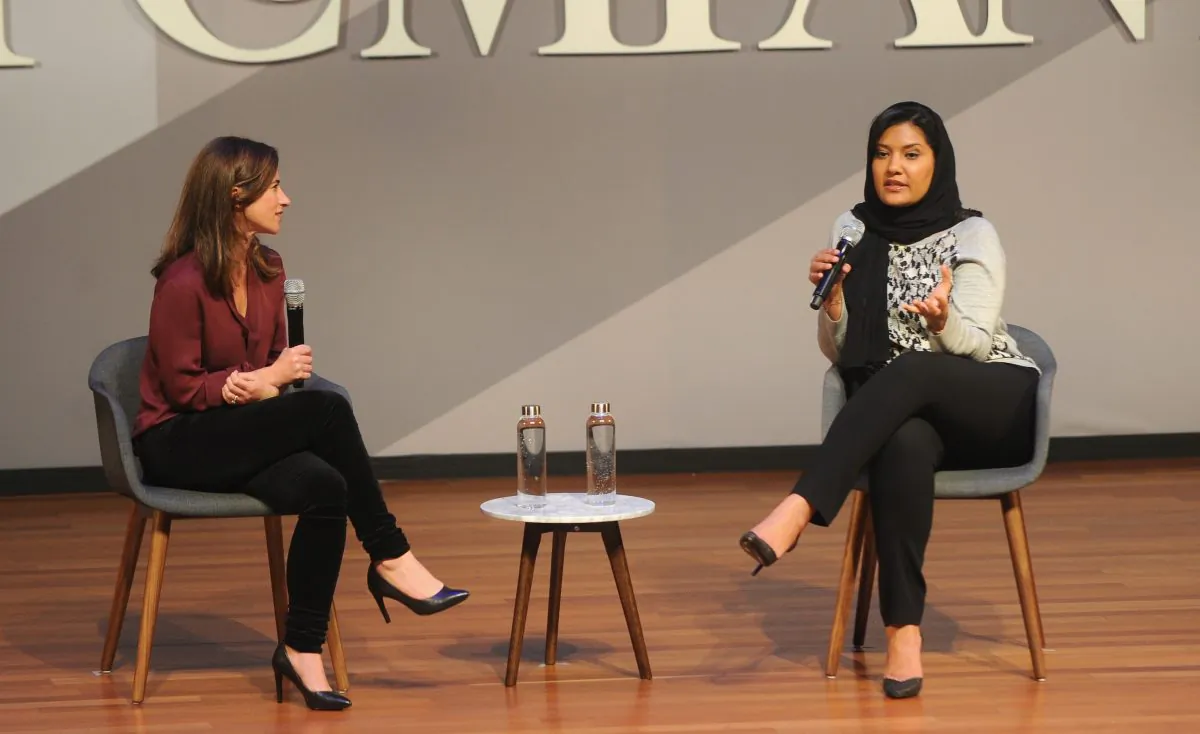 Fast Company Editorial Director Jill Bernstein (L) and HRH Princess Reema Bint Bandar Al-Saud speak onstage during HRH Princess Reema Bint Bandar Al-Saud at Skirball Center, NYU on Nov. 3, 2016, in New York City. (Brad Barket/Getty Images for Fast Company)