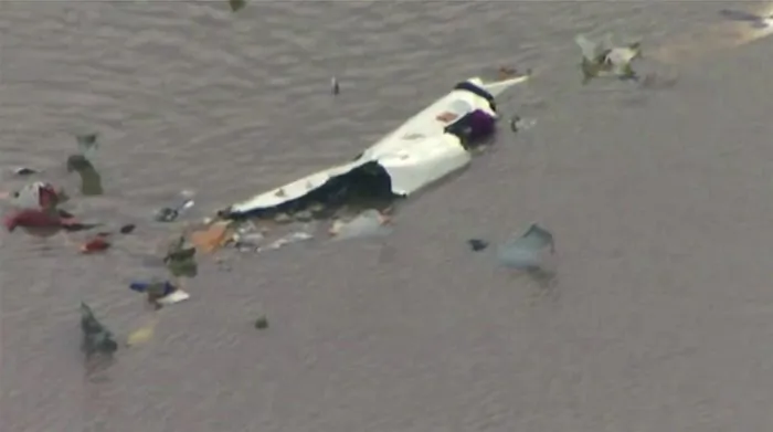 The scene of a cargo plane crash on Feb. 23, 2019 in Trinity Bay, just north of Galveston Bay and the Gulf of Mexico in Texas. (KRIV FOX 26 via AP)