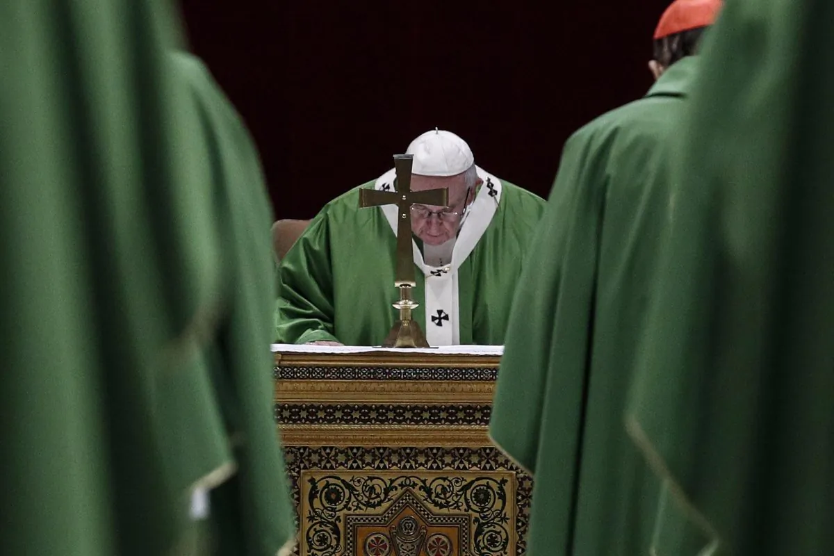 Pope Francis attends a Eucharistic celebration at the Regia Hall of the Apostolic Palace in the Vatican on Feb. 24, 2019, within the fourth and last day of a global child protection summit. (GIUSEPPE LAMI/AFP/Getty Images)