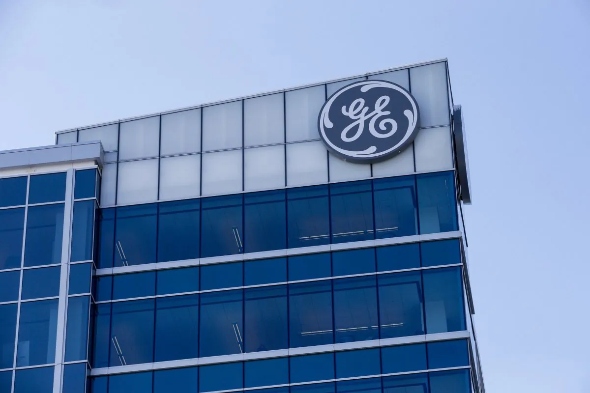 The General Electric logo is displayed at the top of their Global Operations Center in the Banks development of downtown Cincinnati, on Jan. 16, 2018. (John Minchillo/AP)