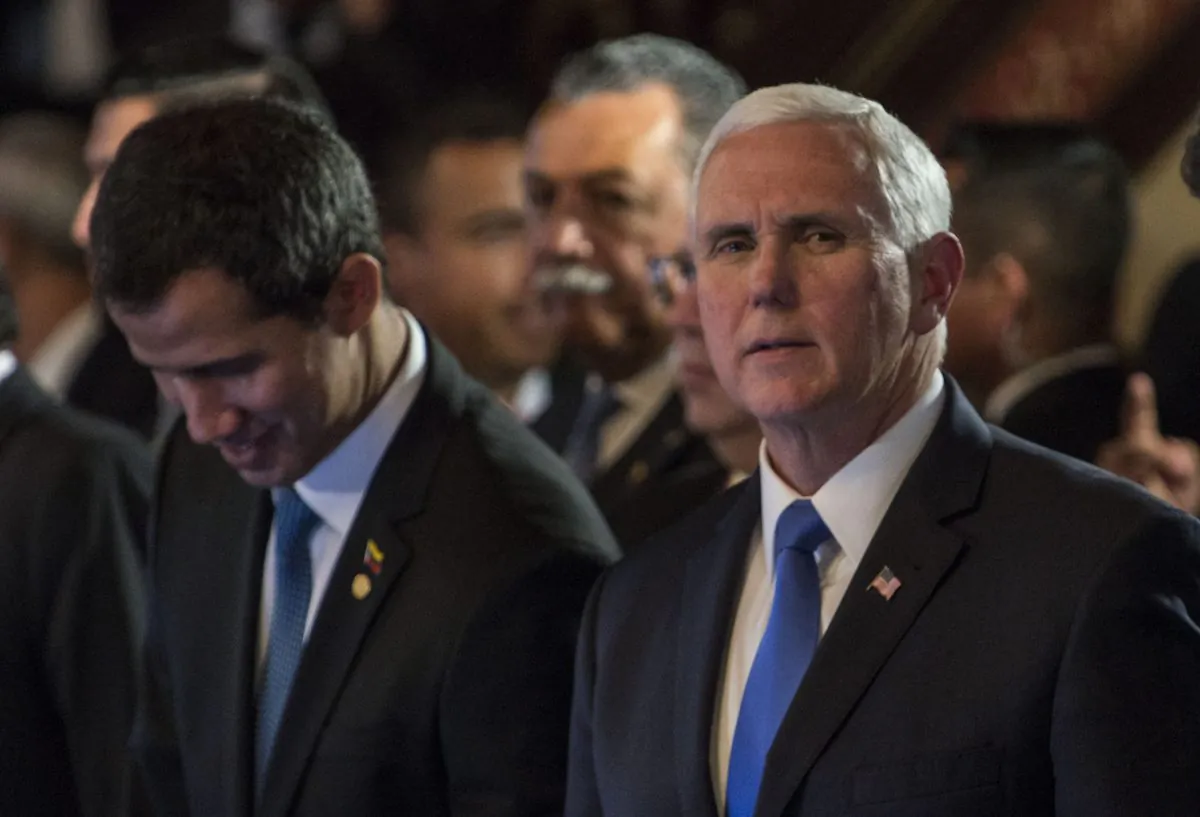 Vice President Mike Pence and Juan Guaido, recognized by Washington and others as Venezuela’s interim president, take part in a meeting with foreign ministers of the Lima Group at Colombia's Foreign Affairs Ministry in Bogota Feb. 25, 2019. (Diana Sanchez/AFP/Getty Images)