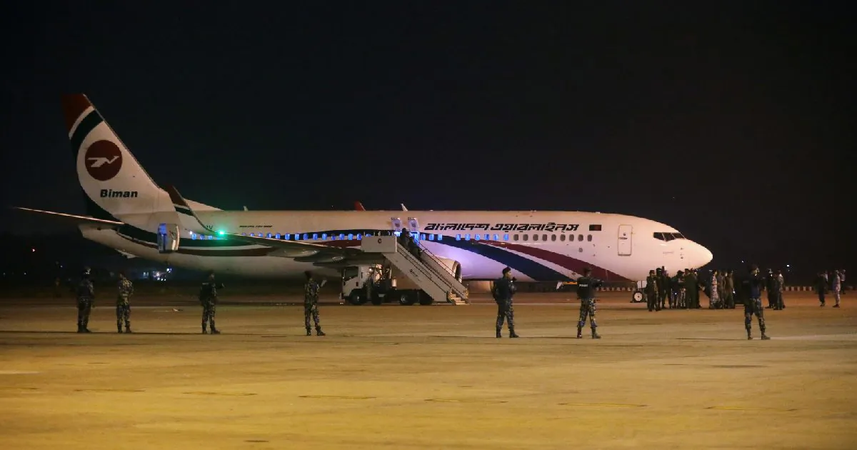 Security personnel stand guard outside of the hijacked aircraft of the Biman Bangladesh Airlines in the Shah Amanat International Airport in Chattogram, Bangladesh Feb. 24, 2019. (String/Reuters)