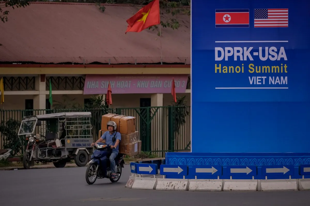 A public signboard welcomes the upcoming summit between U.S. President Donald Trump and North Korean Leader Kim Jong Un, near the U.S. Embassy in Hanoi, Vietnam, on Feb. 21, 2019. (Linh Pham/Getty Images)