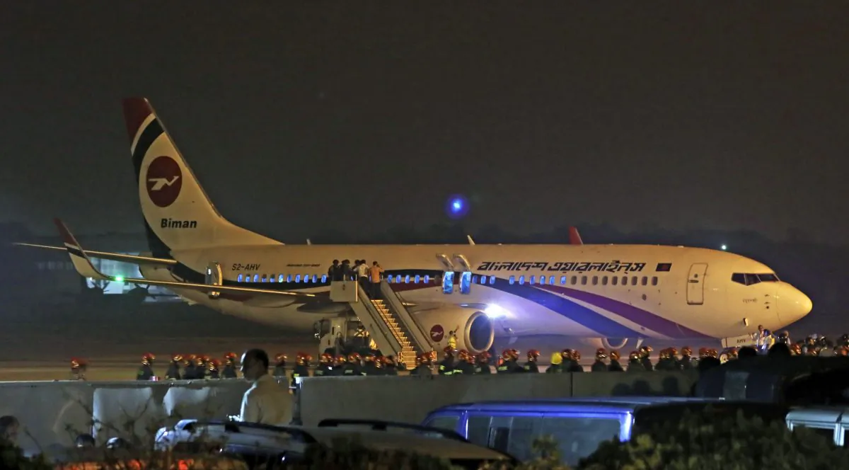 Bangladesh’s state-run Biman Bangladesh Airlines flight is seen after it made an emergency landing at the airport in Chittagong, Bangladesh, Sunday, Feb.24, 2019. A Bangladesh air force official says the flight from the capital, Dhaka, bound for Dubai made the emergency landing, after a man allegedly attempted to hijack the plane. (AP Photo)
