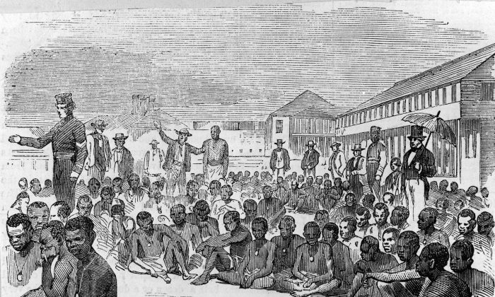 A group of liberated slaves at Fort Augusta, Jamaica, in 1857, after the slave ship they were imprisoned in was captured by an English destroyer. (HultonArchive/Illustrated London News/Getty Images)