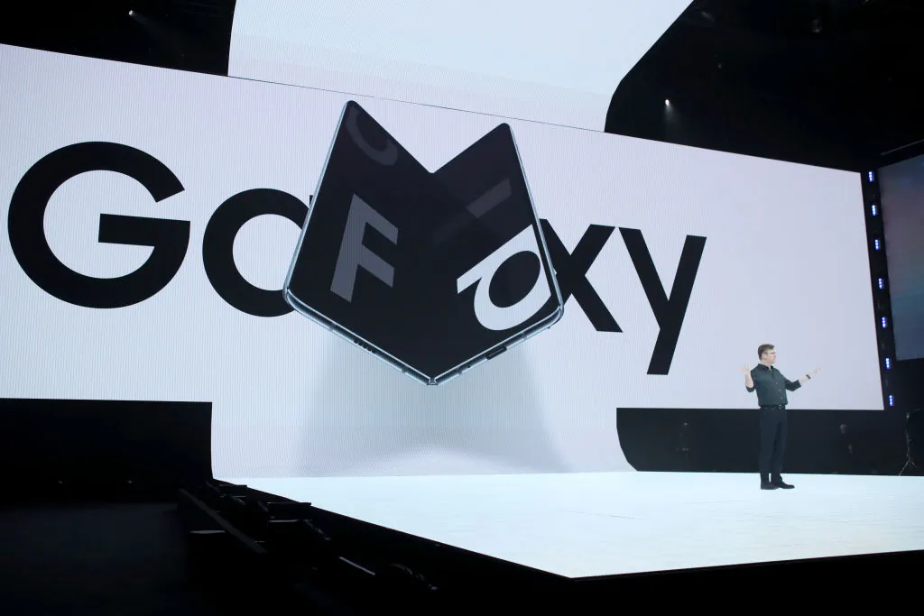 Samsung senior vice president of product marketing Justin Denison announces the new Samsung Galaxy Fold smartphone during the Samsung Unpacked event in San Francisco on Feb. 20, 2019. (Justin Sullivan/Getty Images)