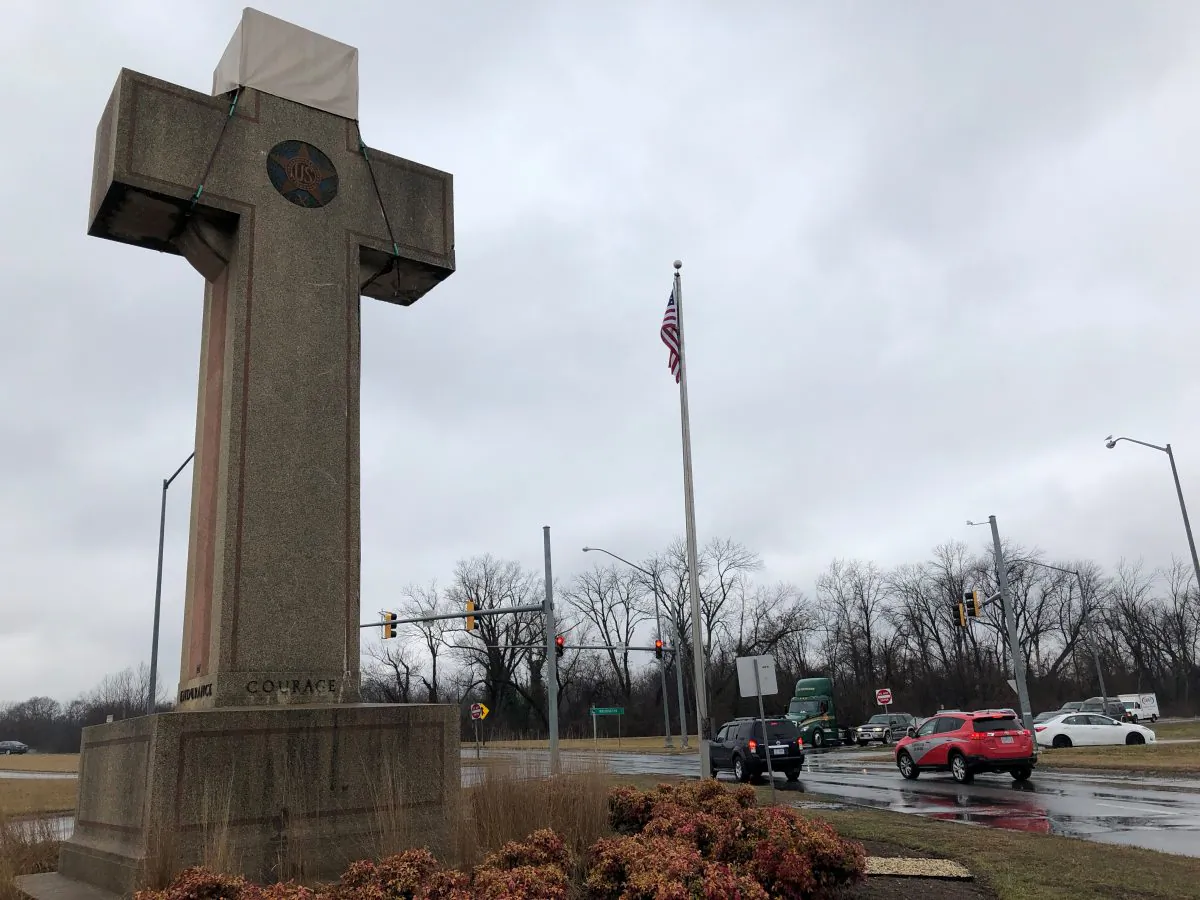A concrete cross commemorating servicemen killed in World War One, which is the subject of a religious rights case now before the U.S. Supreme Court, is seen in Bladensburg, Maryland, on Feb. 11, 2019. (REUTERS/Lawrence Hurley)