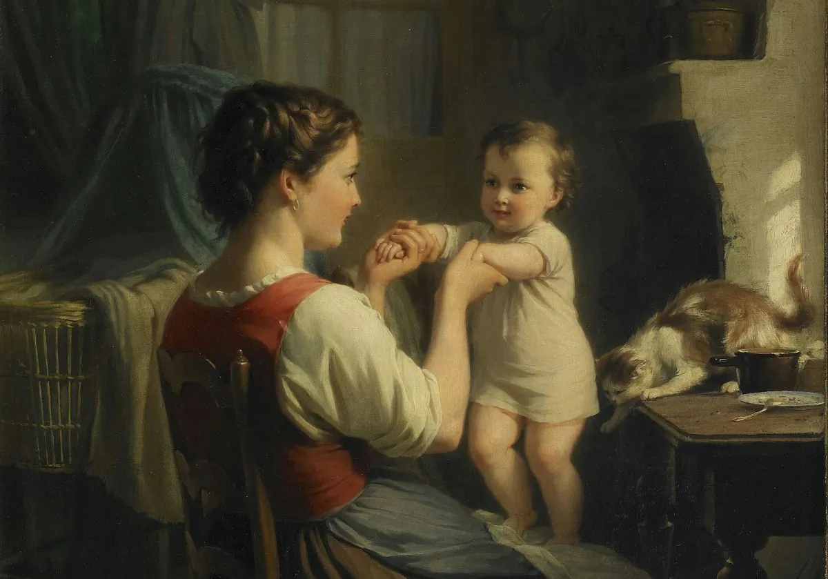Reading a beautiful passage can sometimes tickle our hearts, delighting us much like a mother who takes pleasure in her child. A detail from “Mother and Child With Cat” by Fritz Zuber Buhler. (Public Domain)