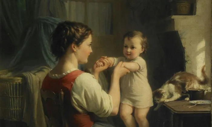 Reading a beautiful passage can sometimes tickle our hearts, delighting us much like a mother who takes pleasure in her child. A detail from “Mother and Child With Cat” by Fritz Zuber Buhler. (Public Domain)