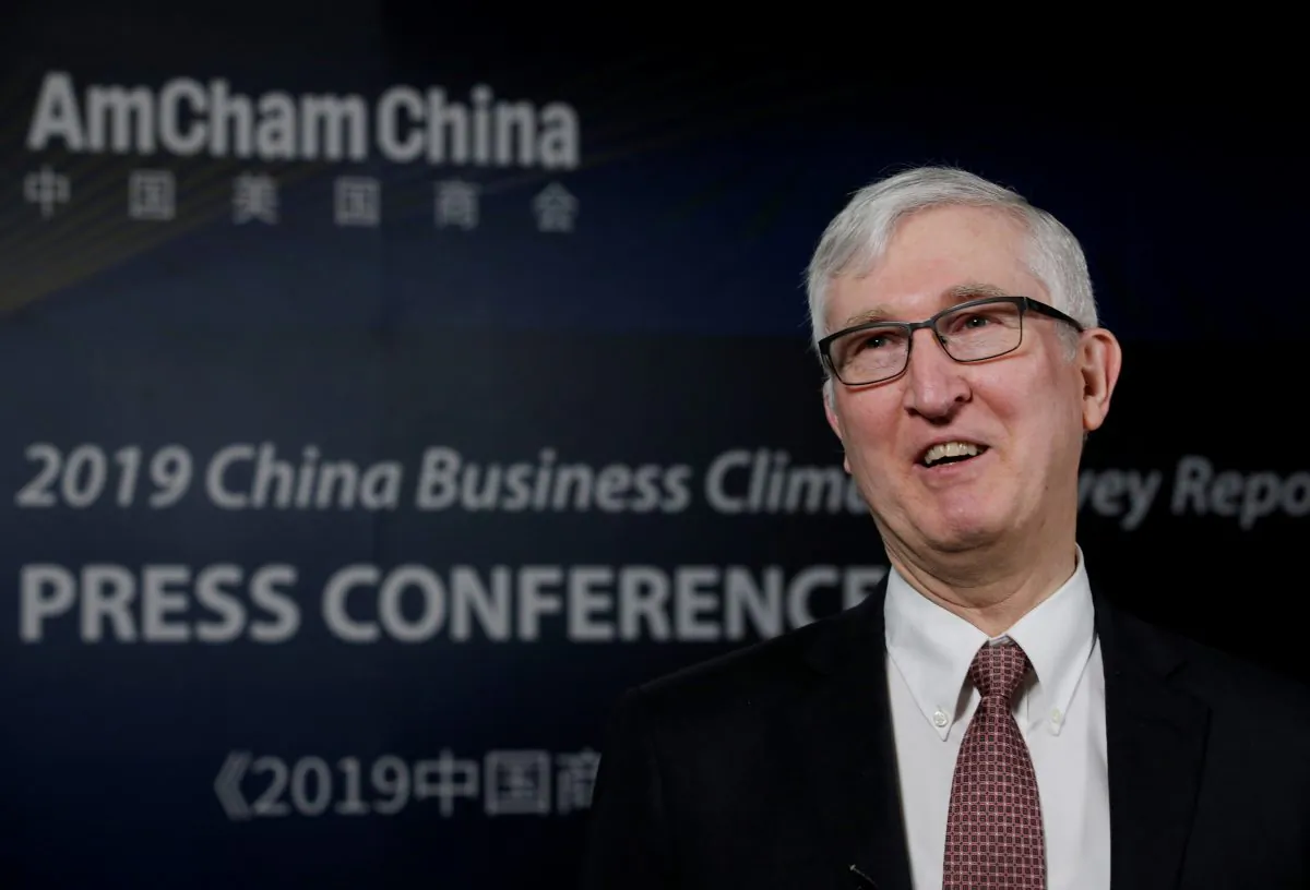 Chairman of the American Chamber of Commerce in China (AmCham China) Tim Stratford speaks during an interview before a news conference on China business climate survey report in Beijing on Feb. 26, 2019. (Jason Lee/Reuters)