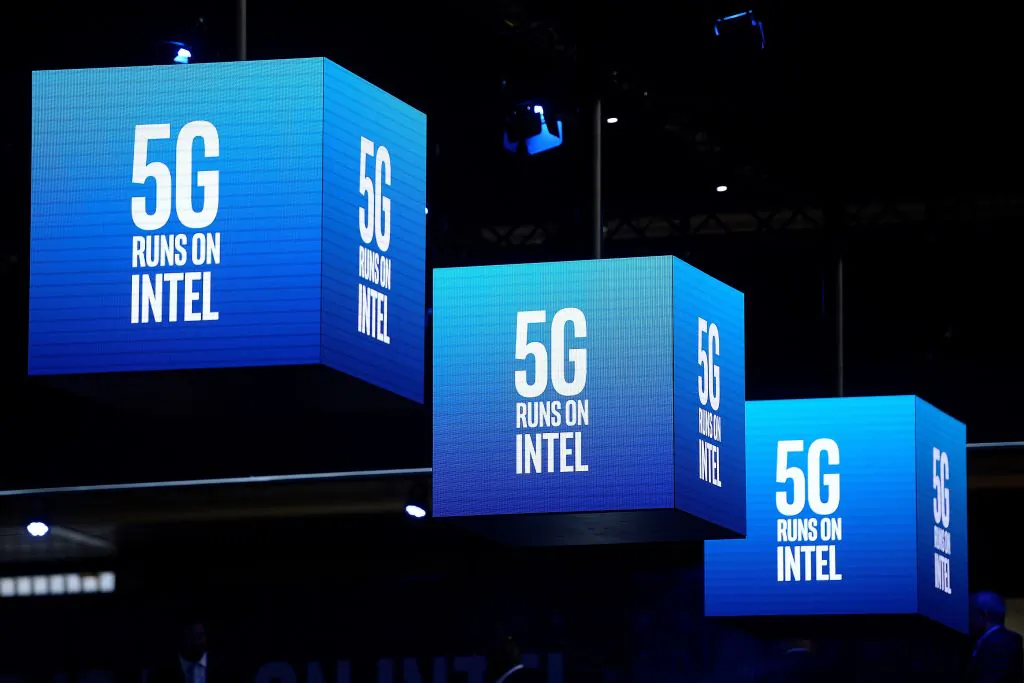 5G signs are displayed at the Intel stand at the Mobile World Congress (MWC) in Barcelona on Feb.  25, 2019. (Josep Lago/AFP/Getty Images)