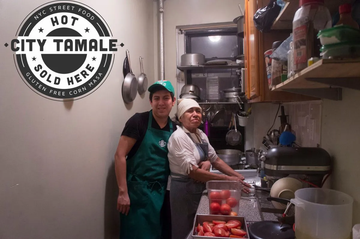Israel Veliz (L) makes tamales with his mother in his Bronx apartment. (Courtesy of City Tamale)