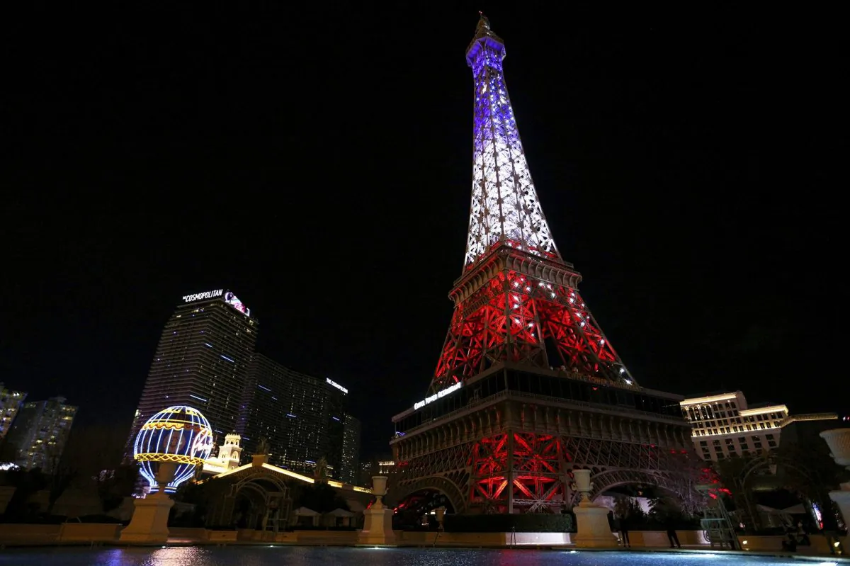 The Paris Las Vegas debuts a new Eiffel Tower light show on the Strip in Las Vegas, on Feb. 27, 2019. (Caroline Brehman/Las Vegas Review-Journal via AP)