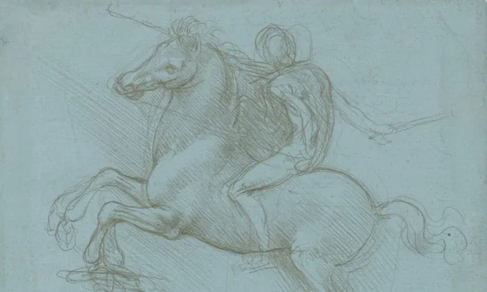 Leonardo da Vinci hoped his greatest achievement would be a huge equestrian monument. A design for the monument, circa 1485-8. Metalpoint on blue prepared paper. (Royal Collection Trust / (c) Her Majesty Queen Elizabeth II 2018)