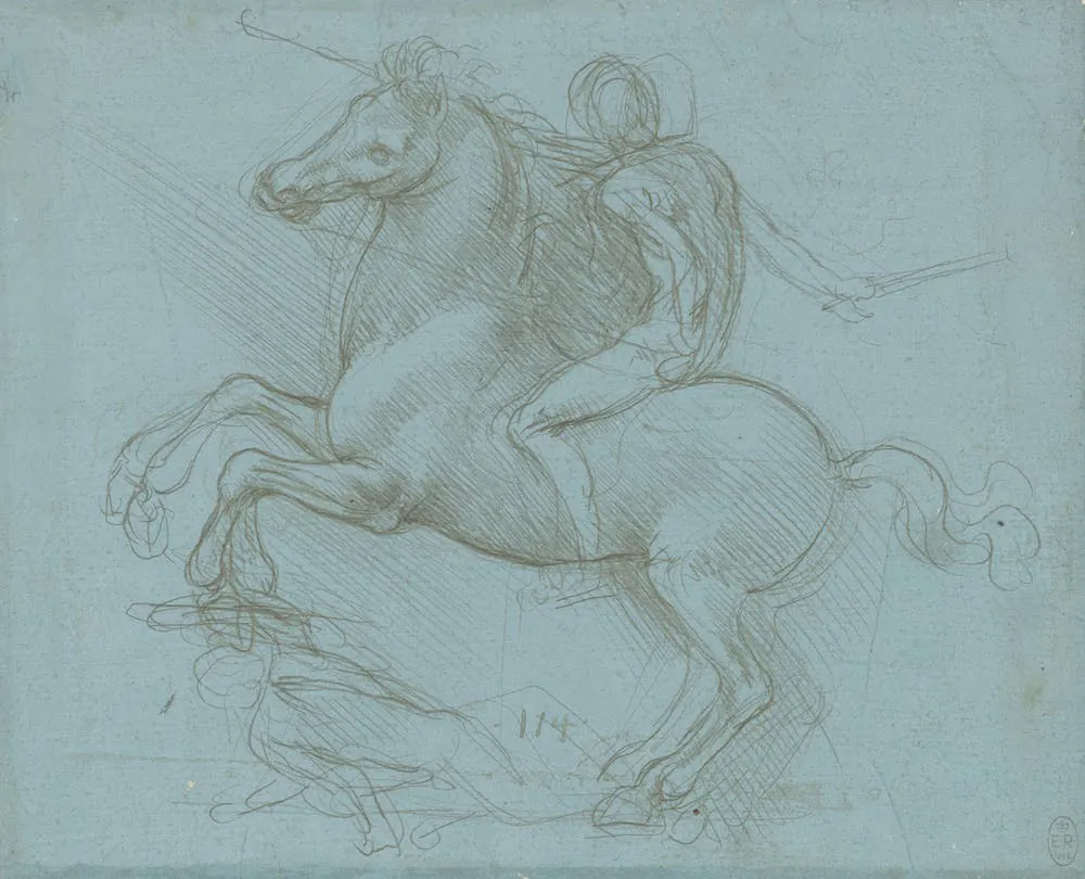 Leonardo da Vinci hoped his greatest achievement would be a huge equestrian monument. A design for the monument, circa 1485-8. Metalpoint on blue prepared paper. (Royal Collection Trust / (c) Her Majesty Queen Elizabeth II 2018)