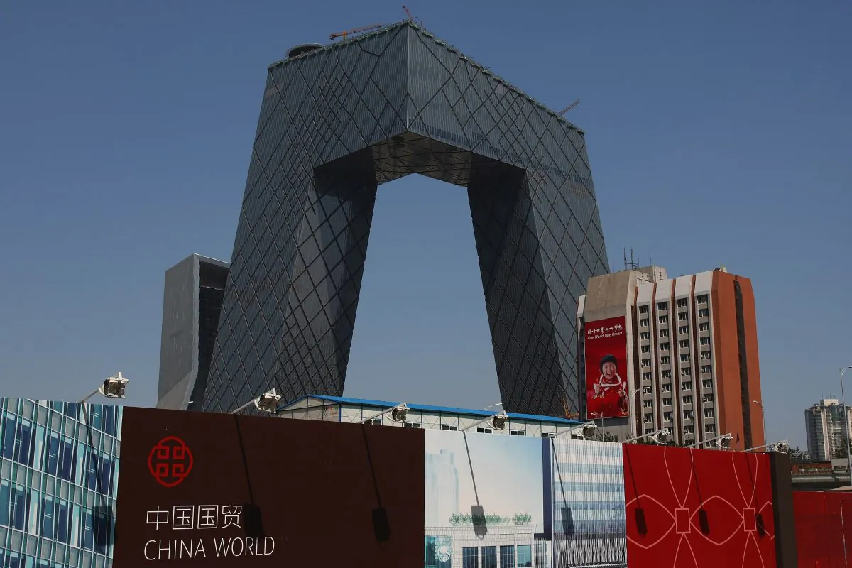 A general view of the new headquarters of China Central Television under construction at the Central Business District in Beijing, China, on Aug. 22, 2008. (Andrew Wong/Getty Images)