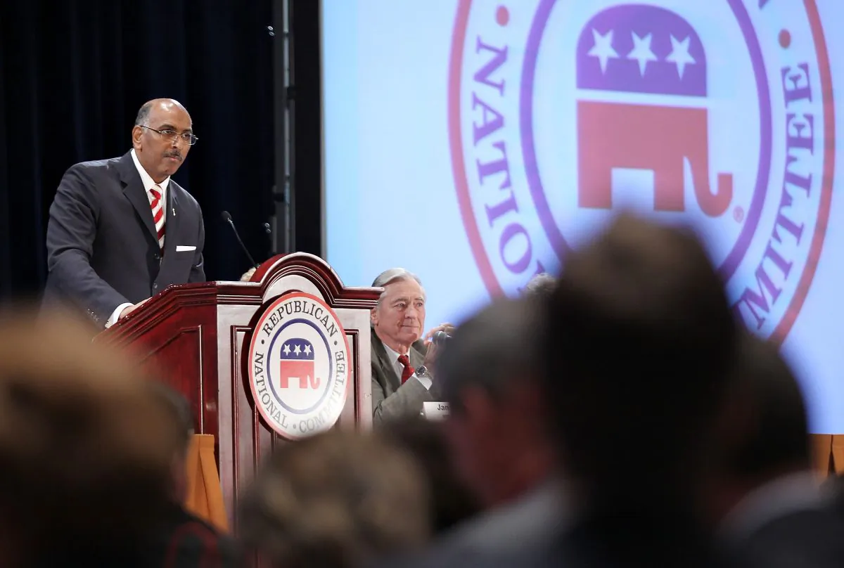 Incumbent Republican National Committee Chairman Michael Steele (L) speaks during a session of the RNC Winter Meeting January 14, 2011 in National Harbor, Maryland. Alex Wong/Getty Images