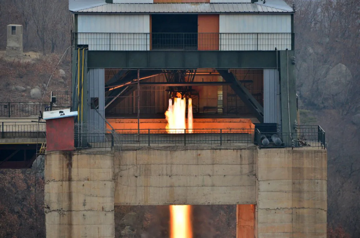 This undated picture released by North Korea's official Korean Central News Agency (KCNA) on March 19, 2017 shows the ground jet test of a newly developed high-thrust engine at the Sohae Satellite Launching Ground in North Korea. (STR/AFP/Getty Images)