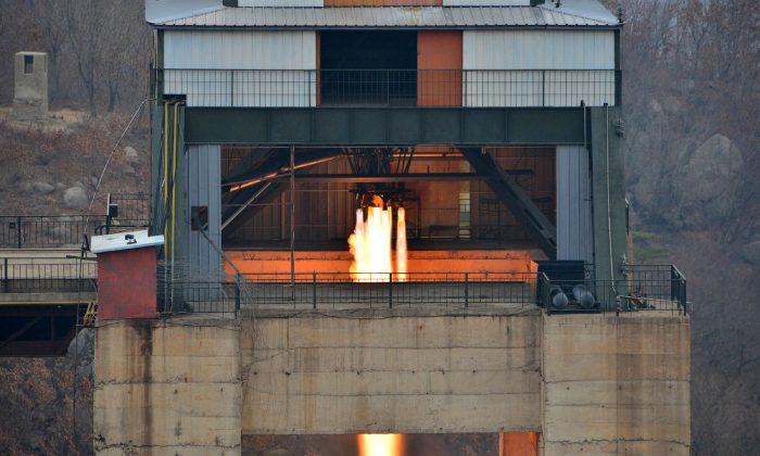 This undated picture released by North Korea's official Korean Central News Agency (KCNA) on March 19, 2017 shows the ground jet test of a newly developed high-thrust engine at the Sohae Satellite Launching Ground in North Korea. (STR/AFP/Getty Images)