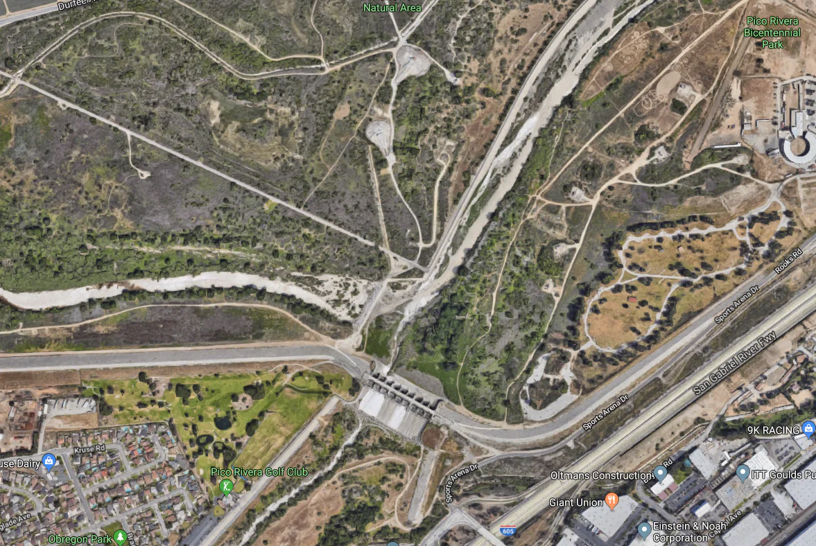 The Whittier Narrows Dam can be seen on Google Maps. (Screenshot/GoogleMaps)