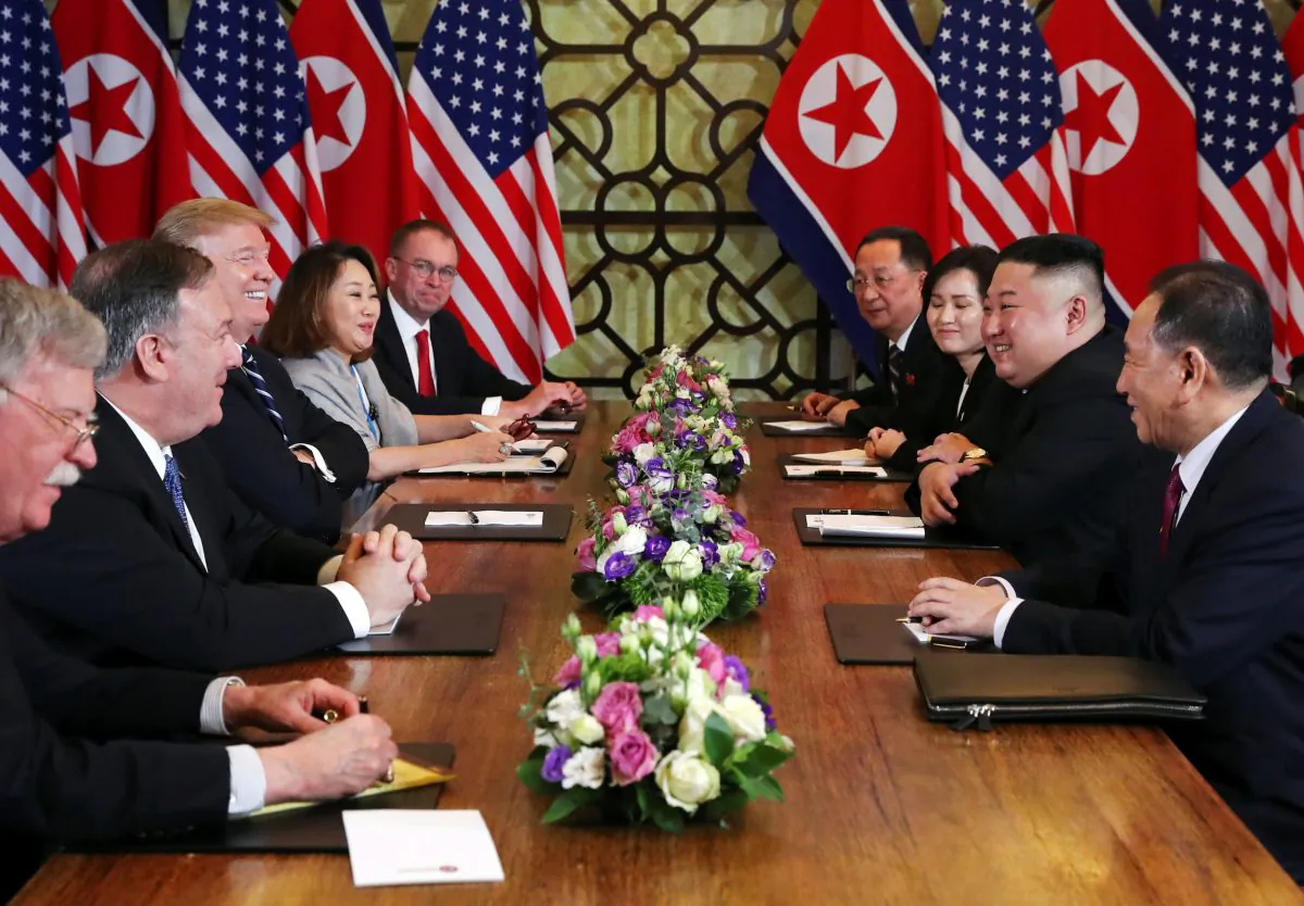 President Donald Trump and North Korea’s leader Kim Jong Un, along with their respective entourages, attend an extended bilateral meeting in the Metropole hotel during the second North Korea-U.S. summit in Hanoi, Vietnam, on Feb. 28, 2019. (Leah Millis/Reuters)