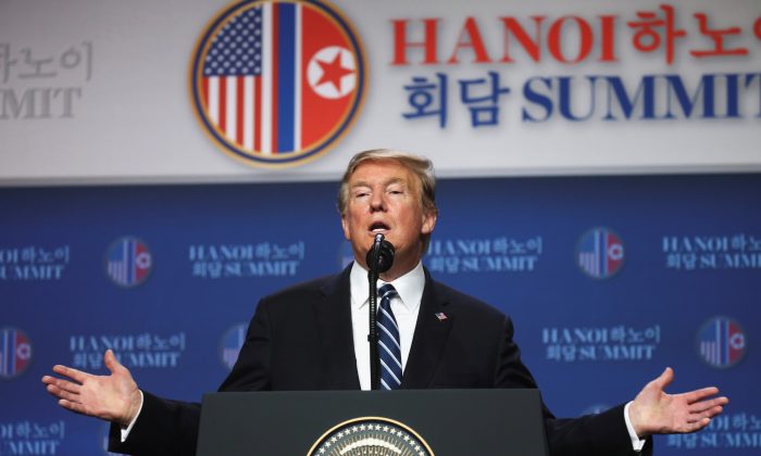 President Donald Trump holds a news conference after his summit with North Korean leader Kim Jong Un at the JW Marriott hotel in Hanoi, Vietnam on Feb. 28, 2019. (Leah Millis/Reuters)