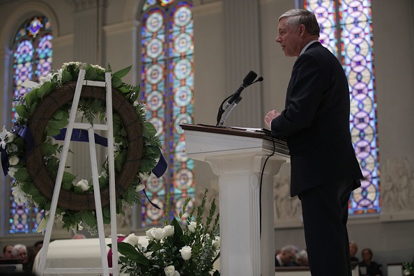 U.S. Rep. Fred Upton (R-MI) speaks during the funeral mass for former Rep. John Dingell (D-MI) 