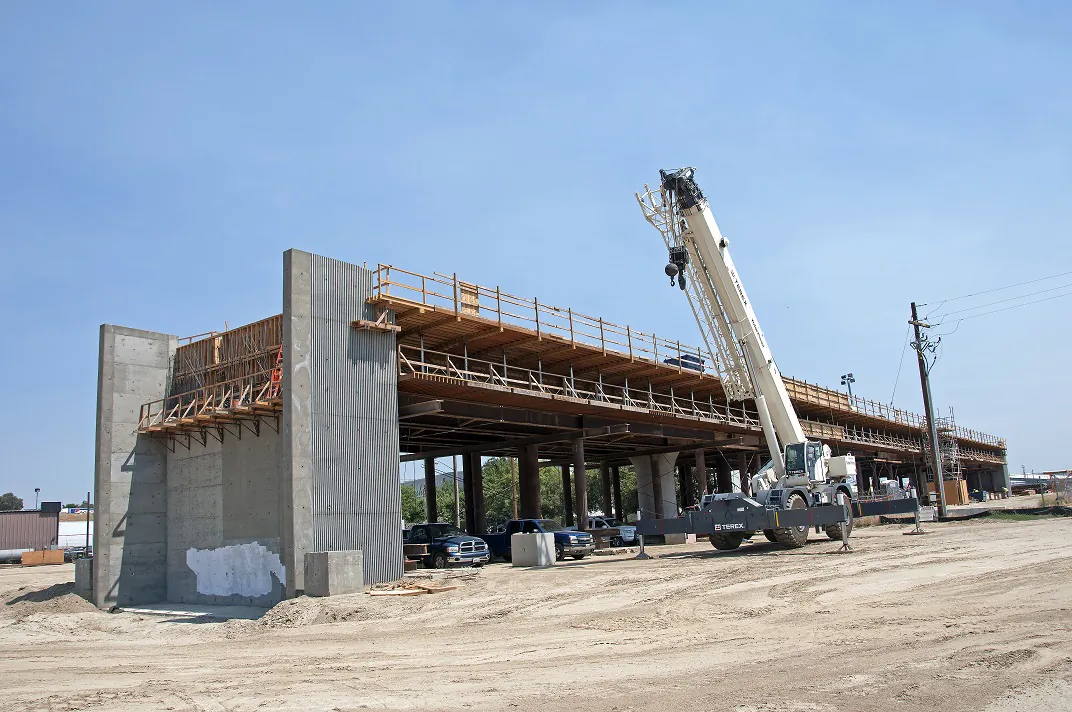 This handout image provided by the California High-Speed Rail Authority shows construction of a viaduct for the high-speed train in Fresno, California, on July 13, 2017.  (California High-Speed Rail Authority via Getty Images)