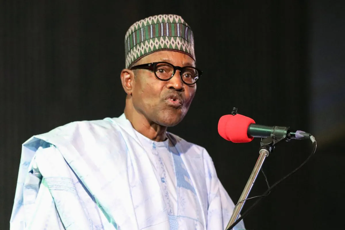 Nigerian President Muhammadu Buhari addresses the audience following the announcement of Nigeria’s election results on Feb. 27, 2019. (Kola Sulaimon/AFP/Getty Images)