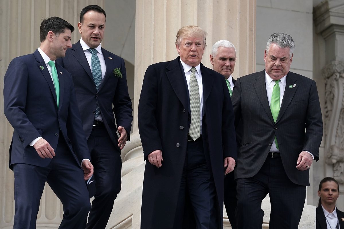 (L-R) U.S. Speaker of the House Rep. Paul Ryan (R-WI), Irish Taoiseach Leo Varadkar , President Donald Trump, U.S. Vice President Mike Pence, and U.S. Rep. Peter King (R-NY) walk down the House steps